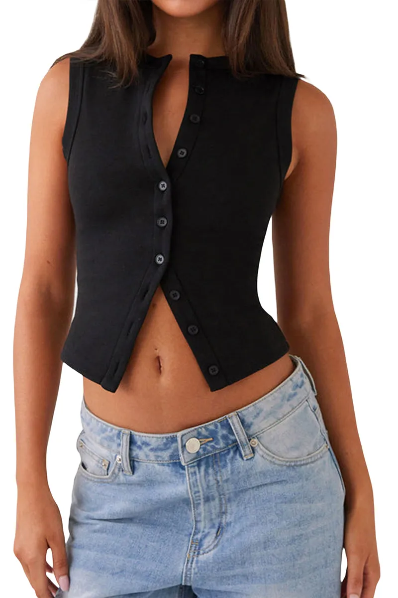 HWT1318 Sleeveless Button Front Crop