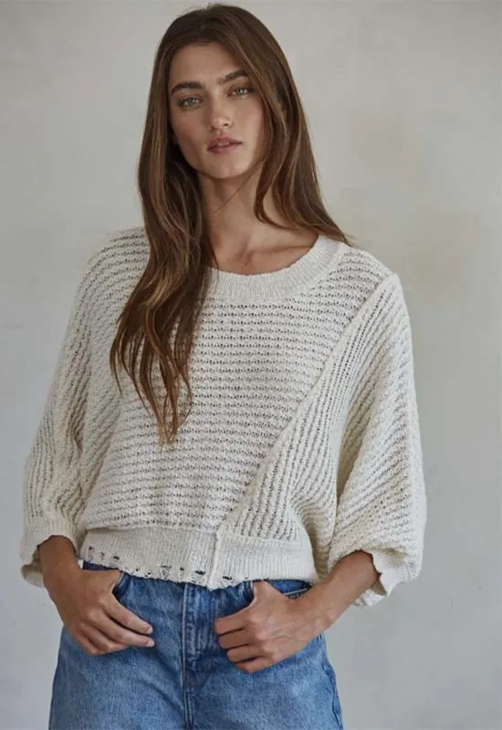 Knit Round Neck Sweater with 3/4 Sleeves - Ivory