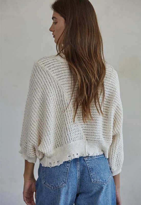 Knit Round Neck Sweater with 3/4 Sleeves - Ivory