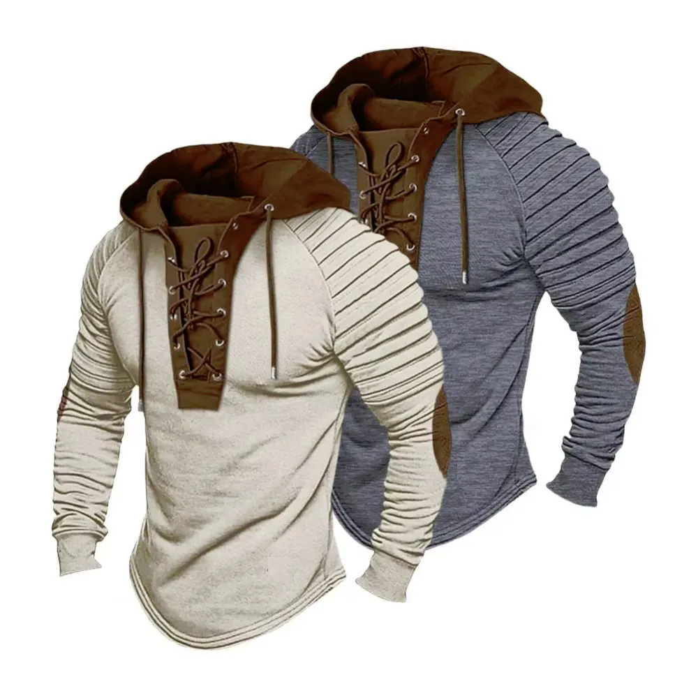 Lace Up Pleated Shoulders Pirate Style Men's Hoodie With Elbow Patches