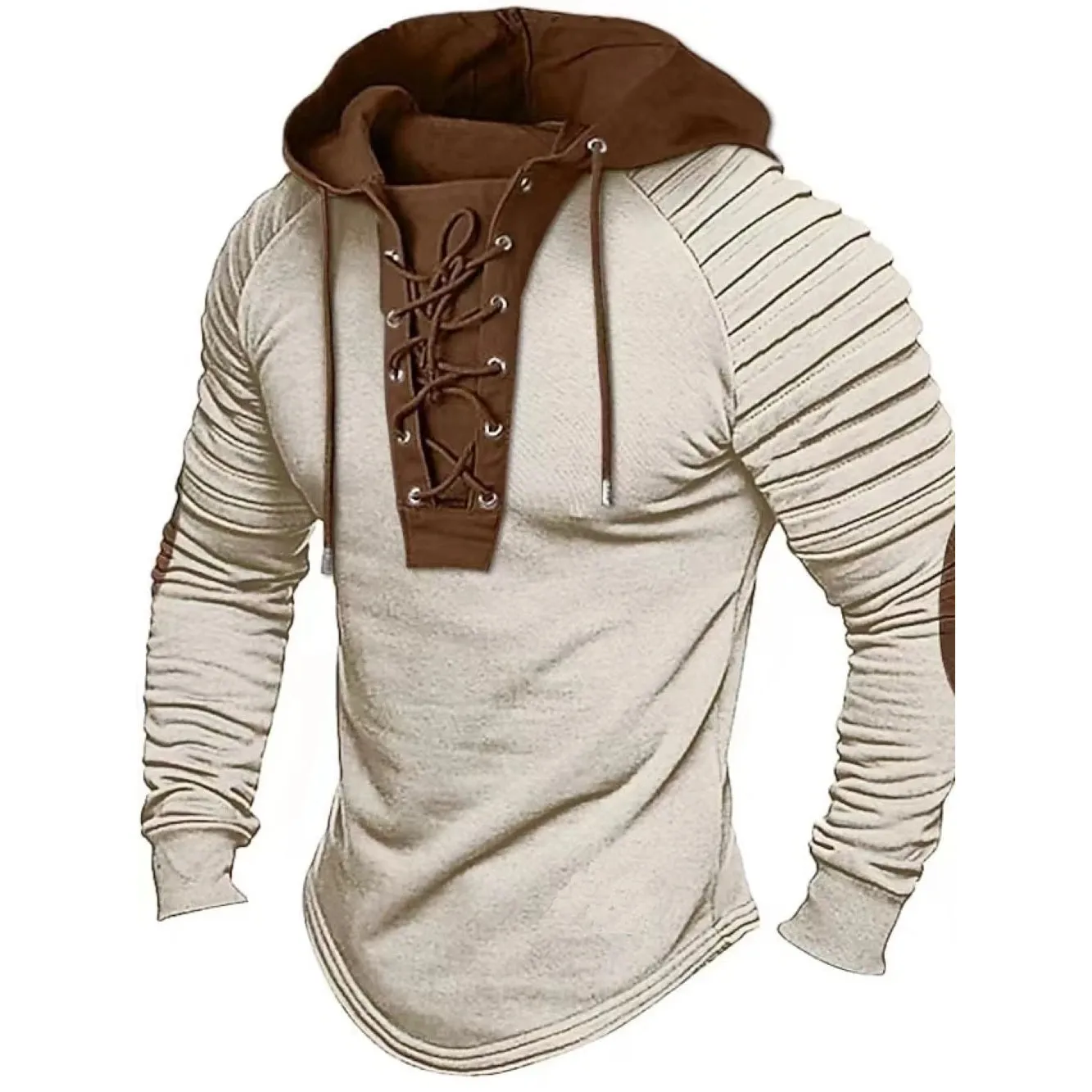 Lace Up Pleated Shoulders Pirate Style Men's Hoodie With Elbow Patches