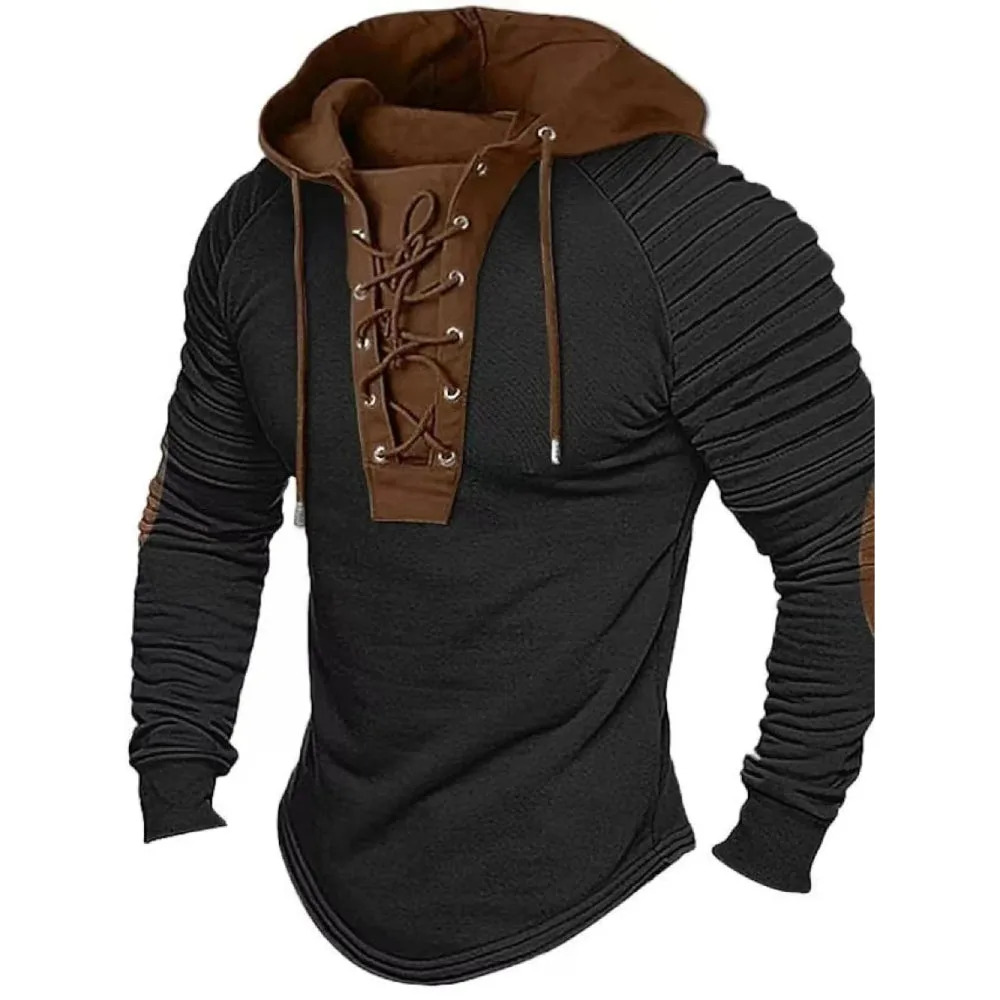 Lace Up Pleated Shoulders Pirate Style Men's Hoodie With Elbow Patches