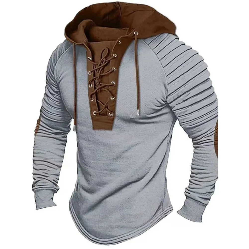 Lace Up Pleated Shoulders Pirate Style Men's Hoodie With Elbow Patches