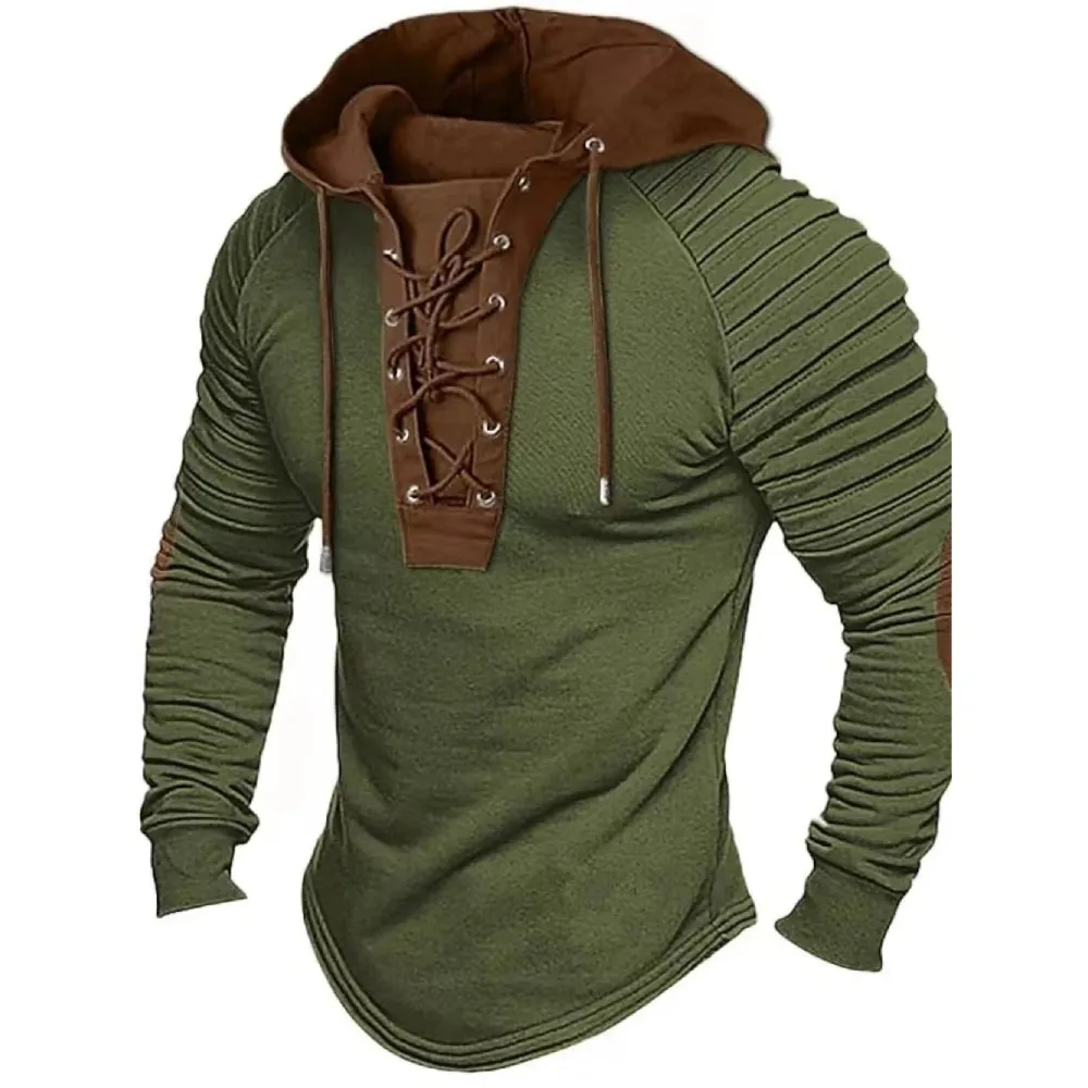 Lace Up Pleated Shoulders Pirate Style Men's Hoodie With Elbow Patches