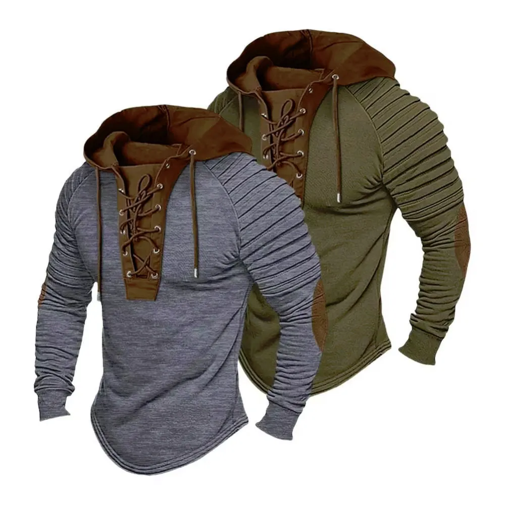 Lace Up Pleated Shoulders Pirate Style Men's Hoodie With Elbow Patches