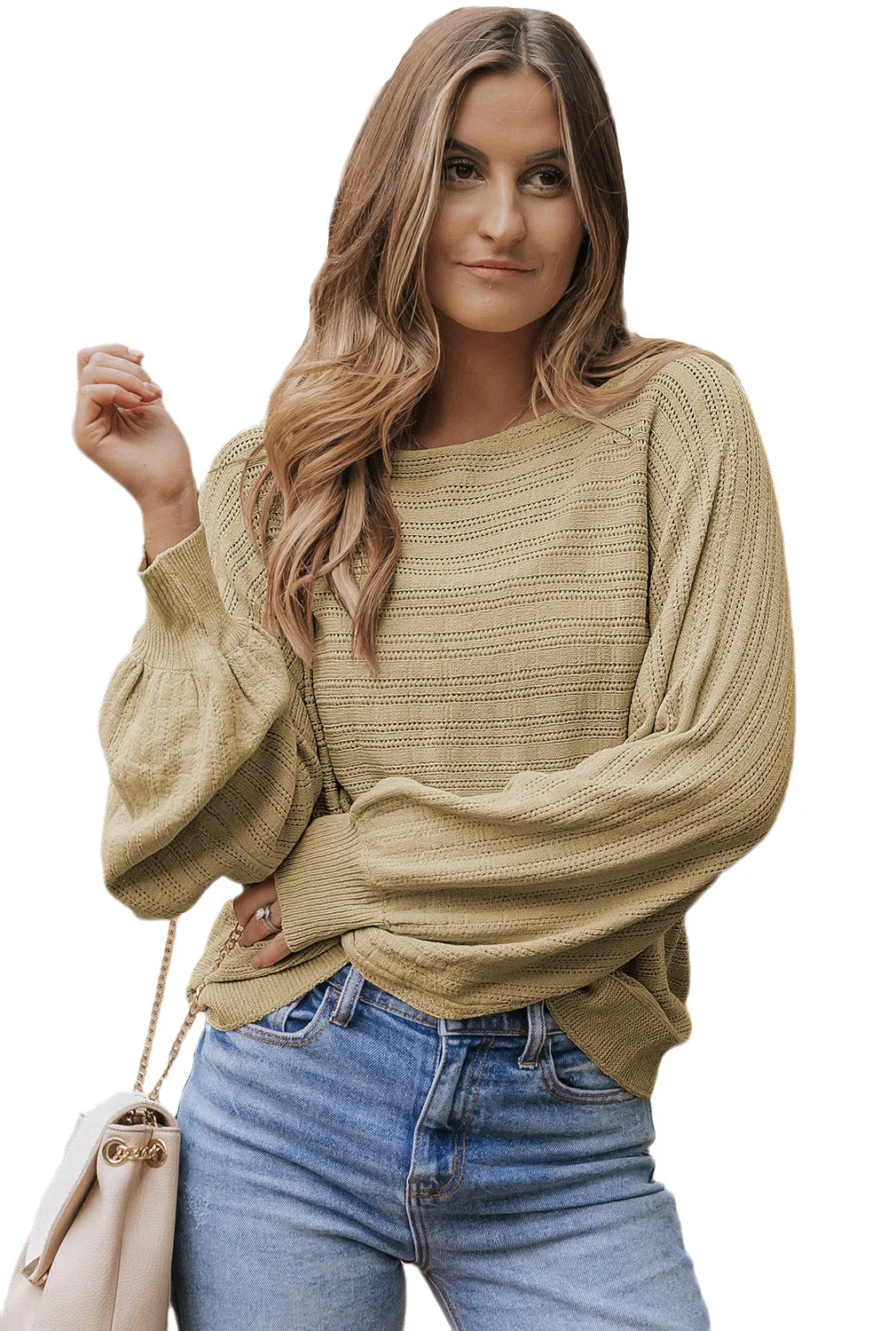 Lantern Sleeve Textured Knit Sweater