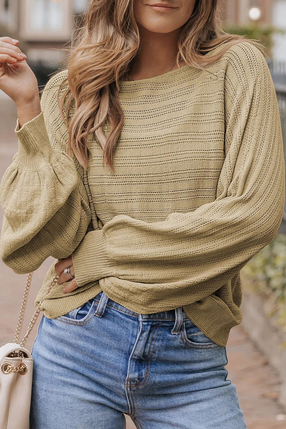 Lantern Sleeve Textured Knit Sweater