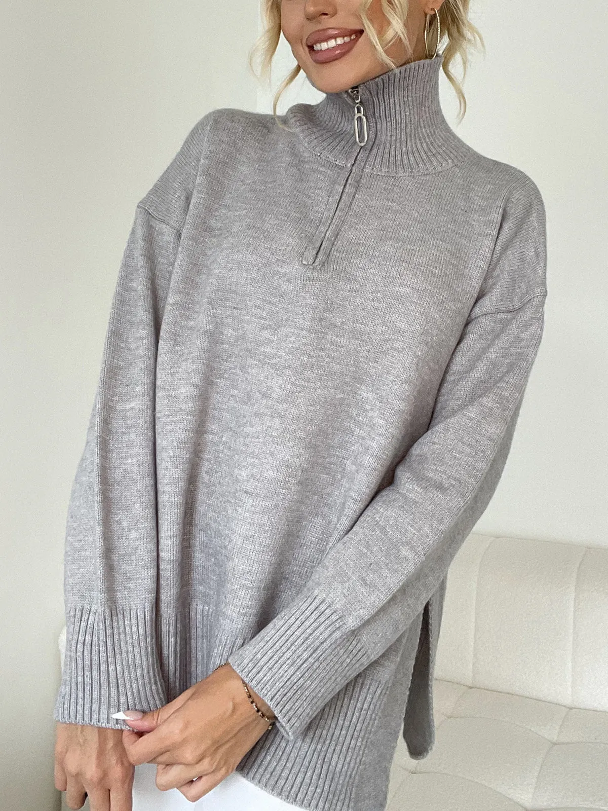 Leisure Open Graceful Collar Zippered Sweater