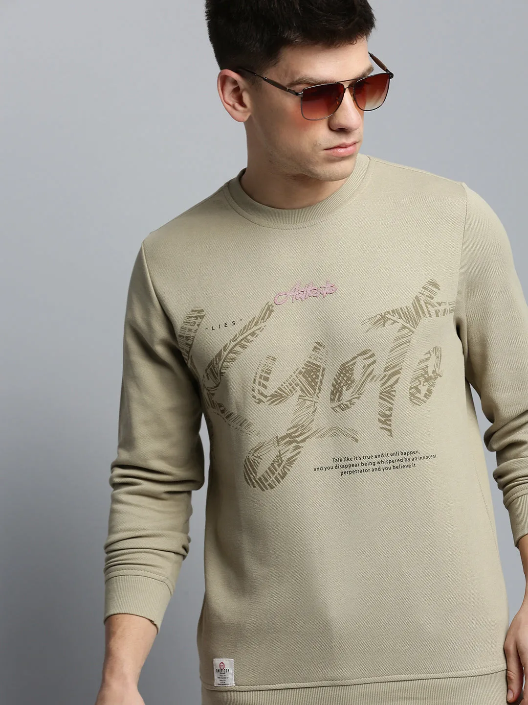 Men Beige Solid Casual Sweatshirt