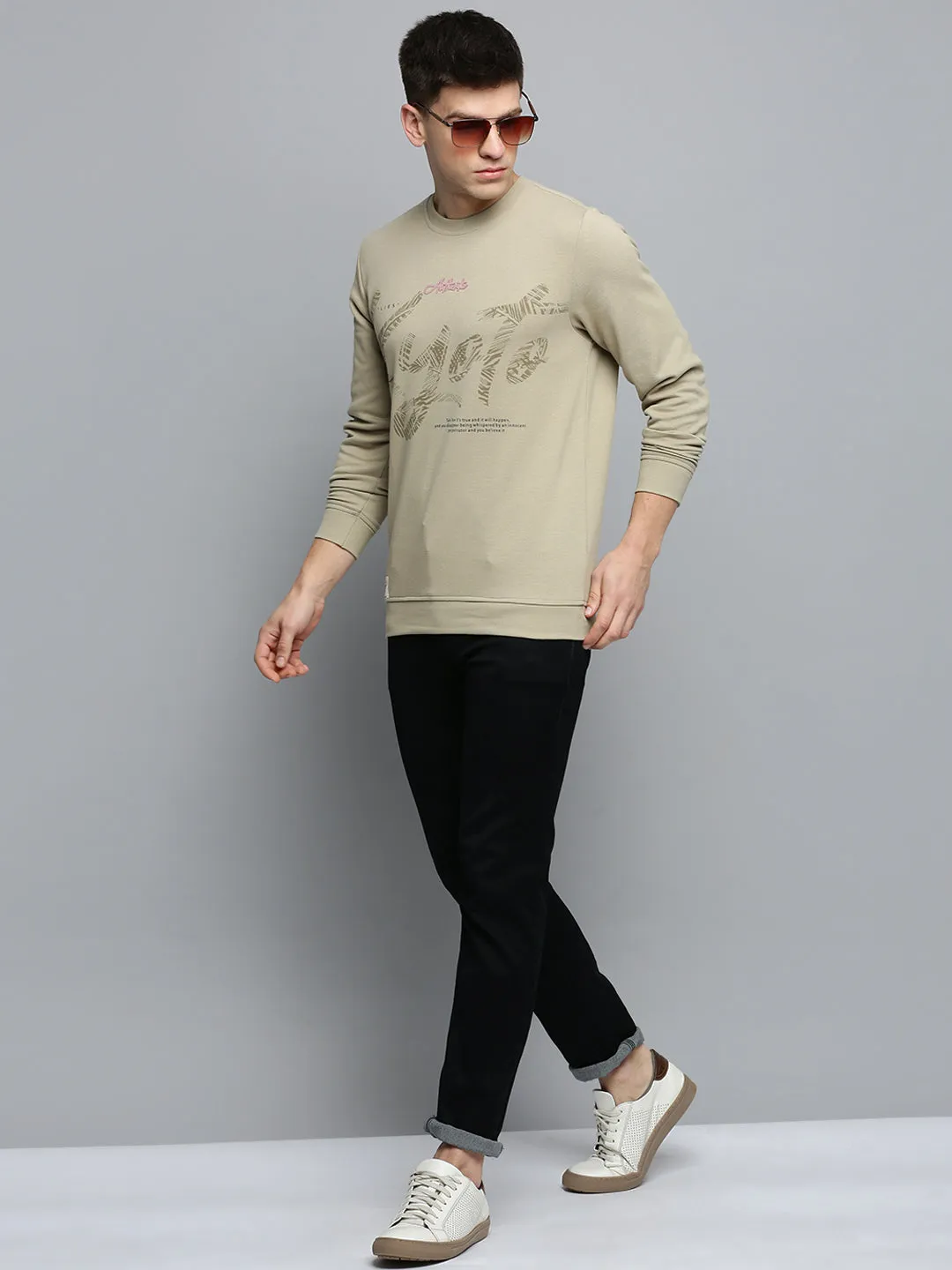 Men Beige Solid Casual Sweatshirt