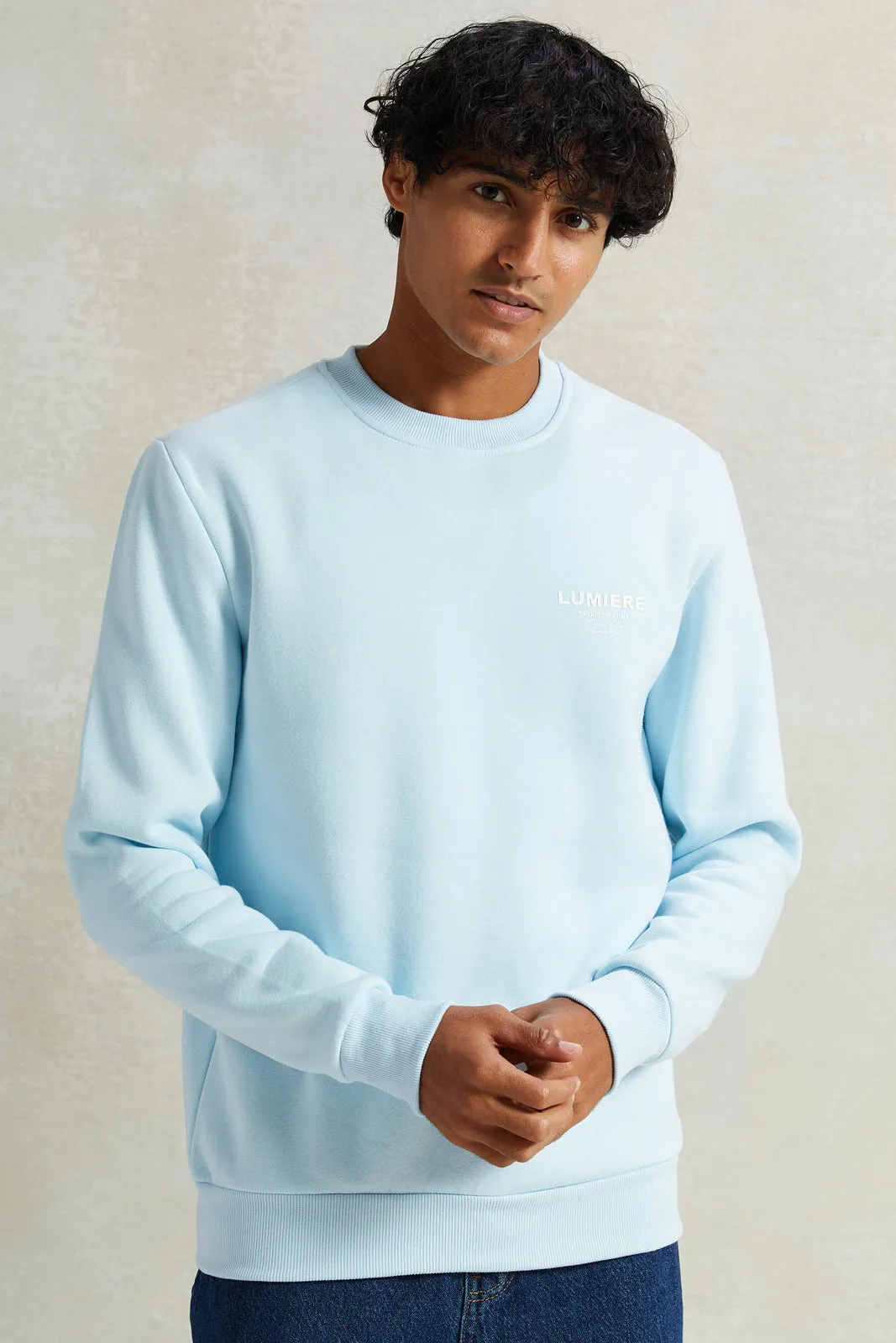 Men Blue Crew Neck Sweatshirt