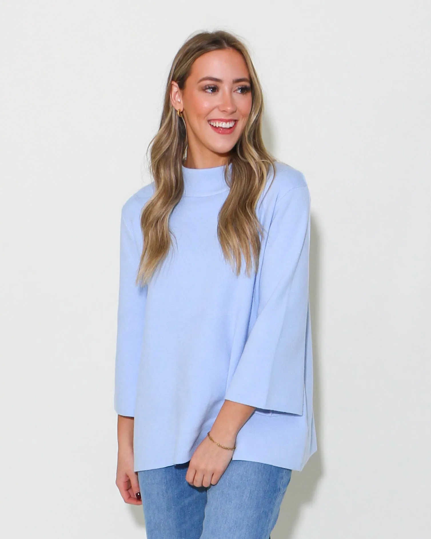 Mock Neck Pull Over Bell Sleeve Sweater in Baby Blue