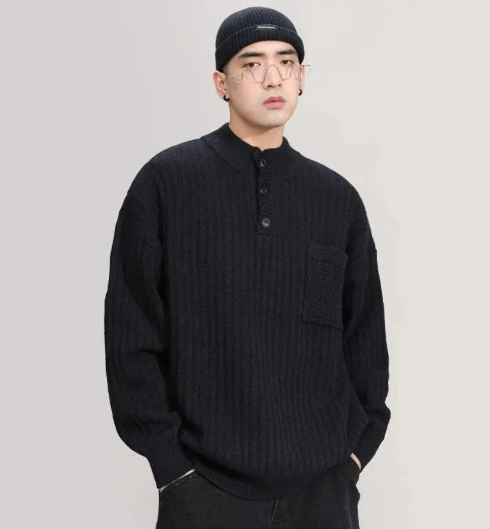 Mock Neck Ribbed Knit Sweater with Chest Pocket