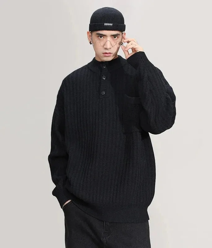 Mock Neck Ribbed Knit Sweater with Chest Pocket