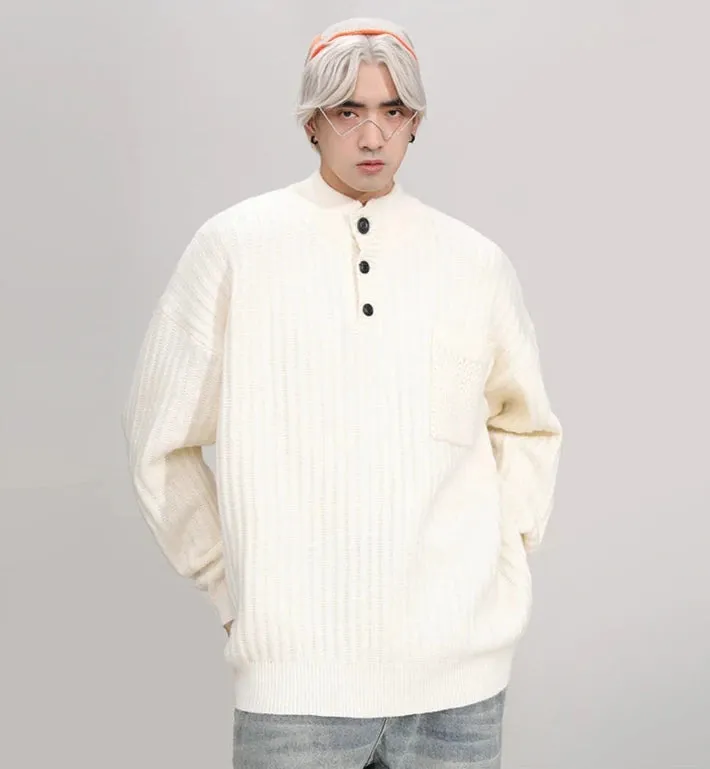 Mock Neck Ribbed Knit Sweater with Chest Pocket