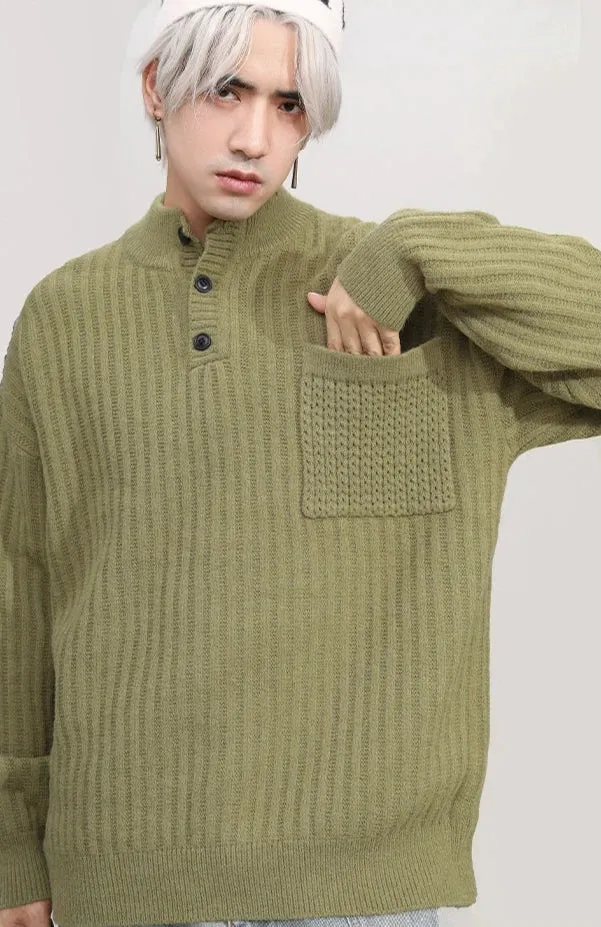 Mock Neck Ribbed Knit Sweater with Chest Pocket