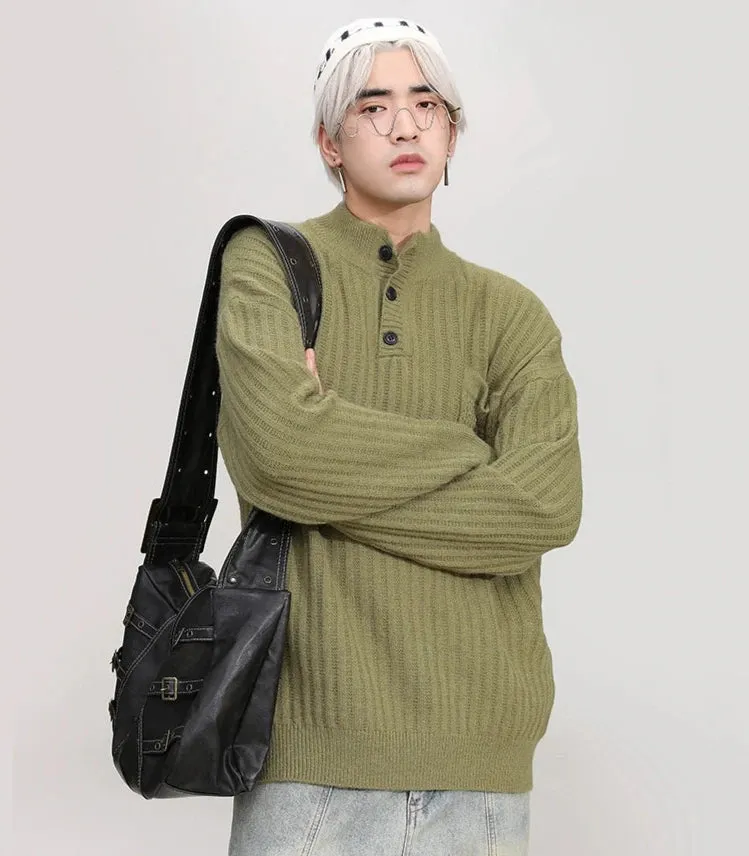 Mock Neck Ribbed Knit Sweater with Chest Pocket