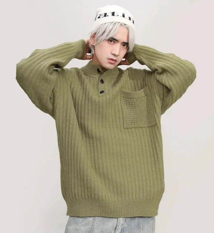 Mock Neck Ribbed Knit Sweater with Chest Pocket