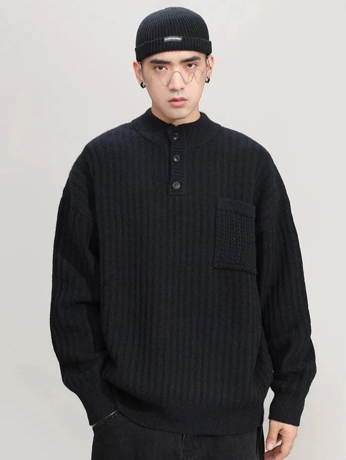 Mock Neck Ribbed Knit Sweater with Chest Pocket