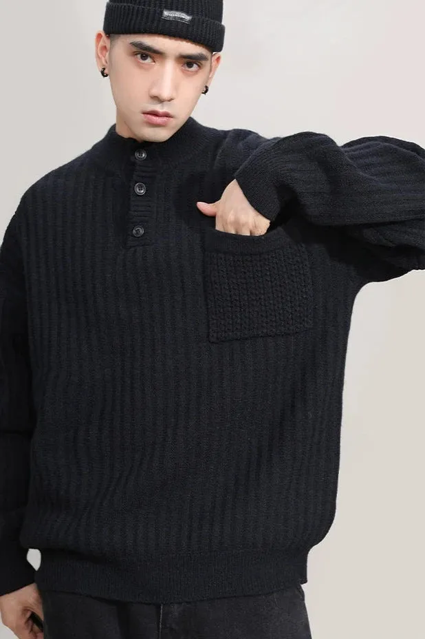 Mock Neck Ribbed Knit Sweater with Chest Pocket