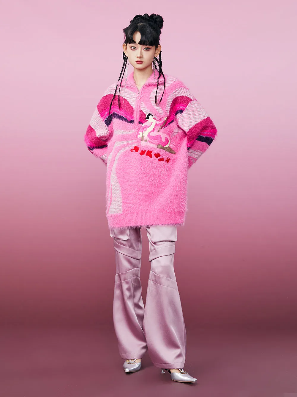 MUKZIN Pink Mink Skiing Women Pattern Sweater