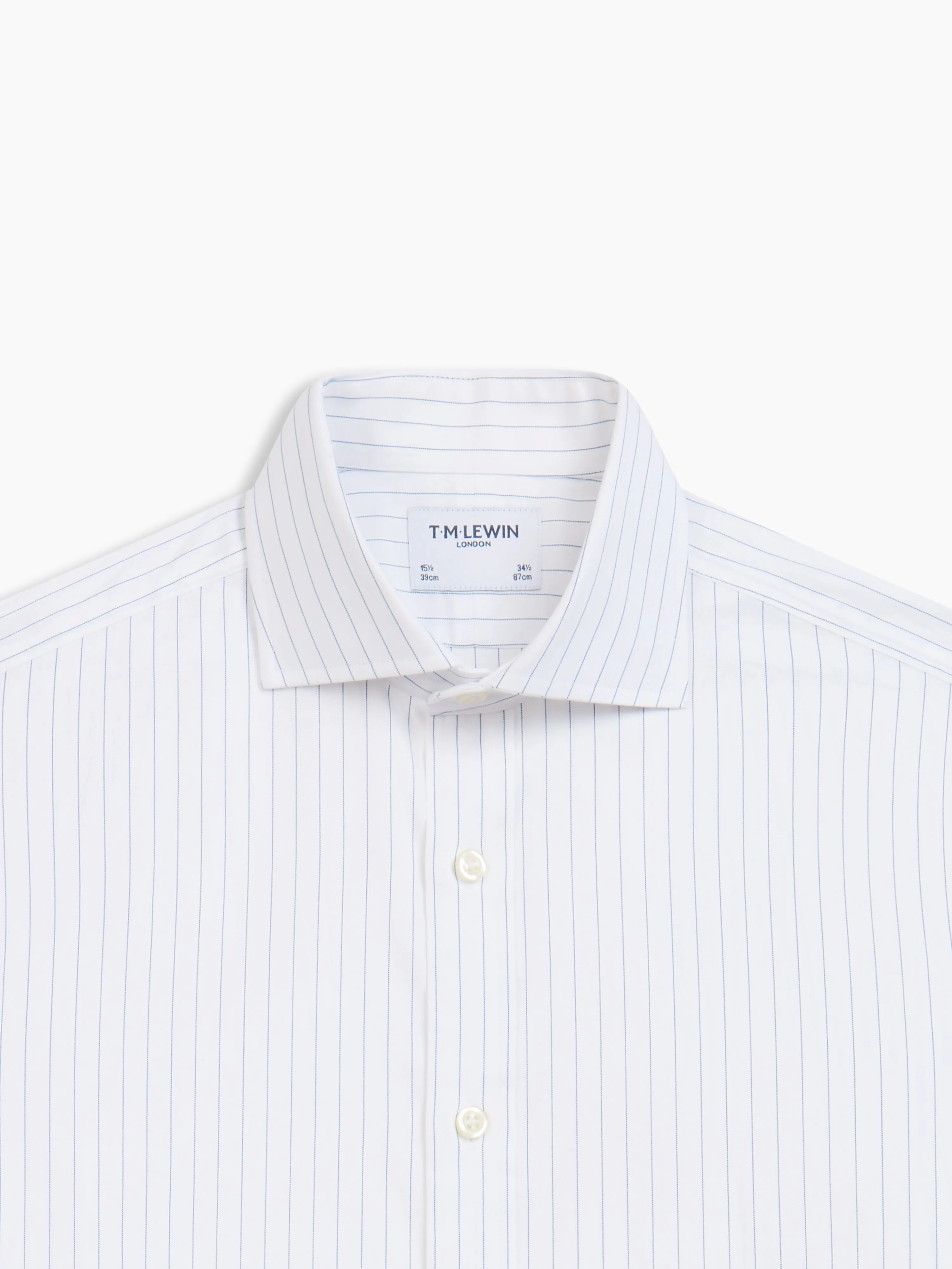 Non-Iron Navy Blue Wide Dash Stripe Plain Weave Regular Fit Single Cuff Semi-Cutaway Collar Shirt