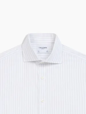 Non-Iron Navy Blue Wide Dash Stripe Plain Weave Regular Fit Single Cuff Semi-Cutaway Collar Shirt