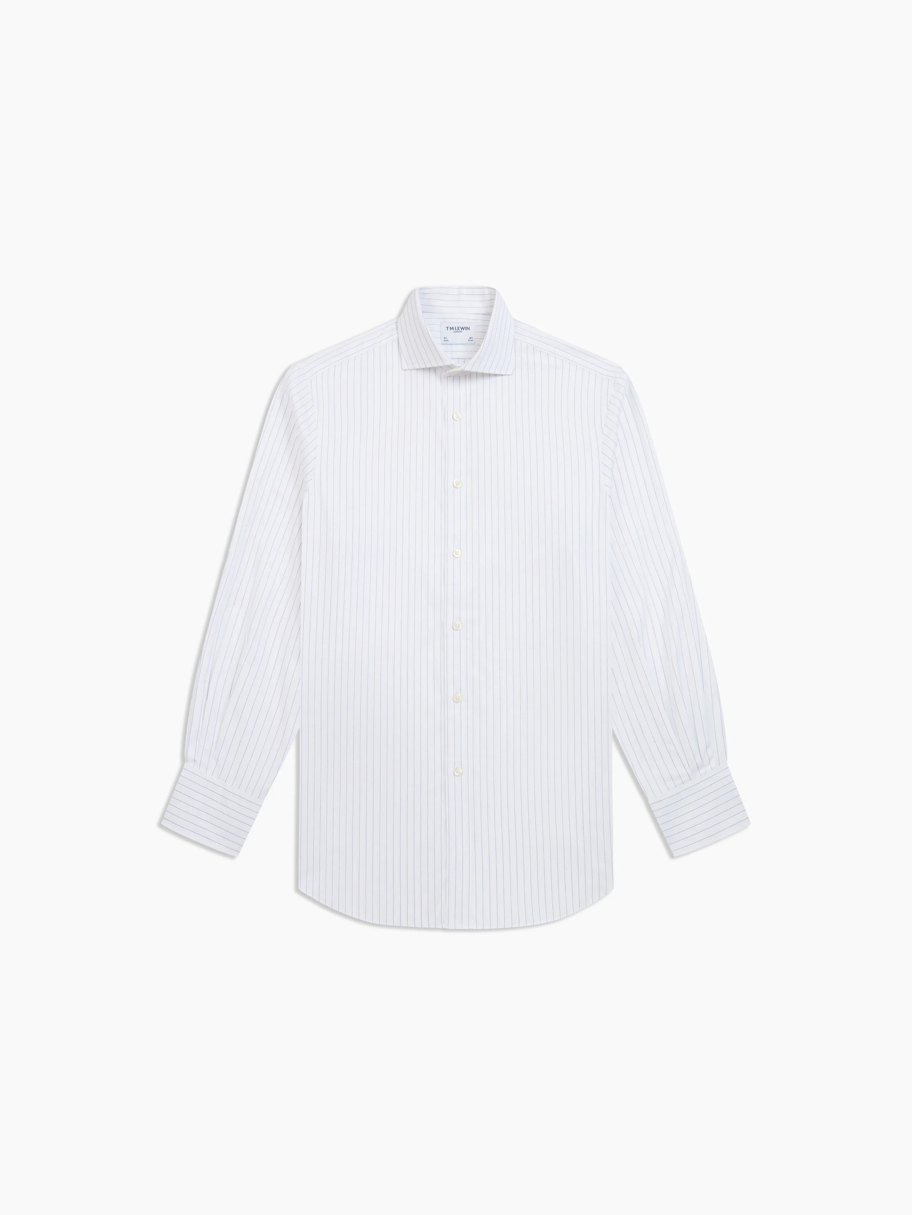 Non-Iron Navy Blue Wide Dash Stripe Plain Weave Regular Fit Single Cuff Semi-Cutaway Collar Shirt