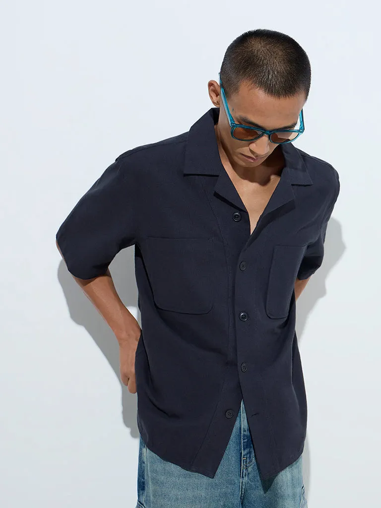 Nuon Navy Solid Relaxed-Fit Cotton Shirt