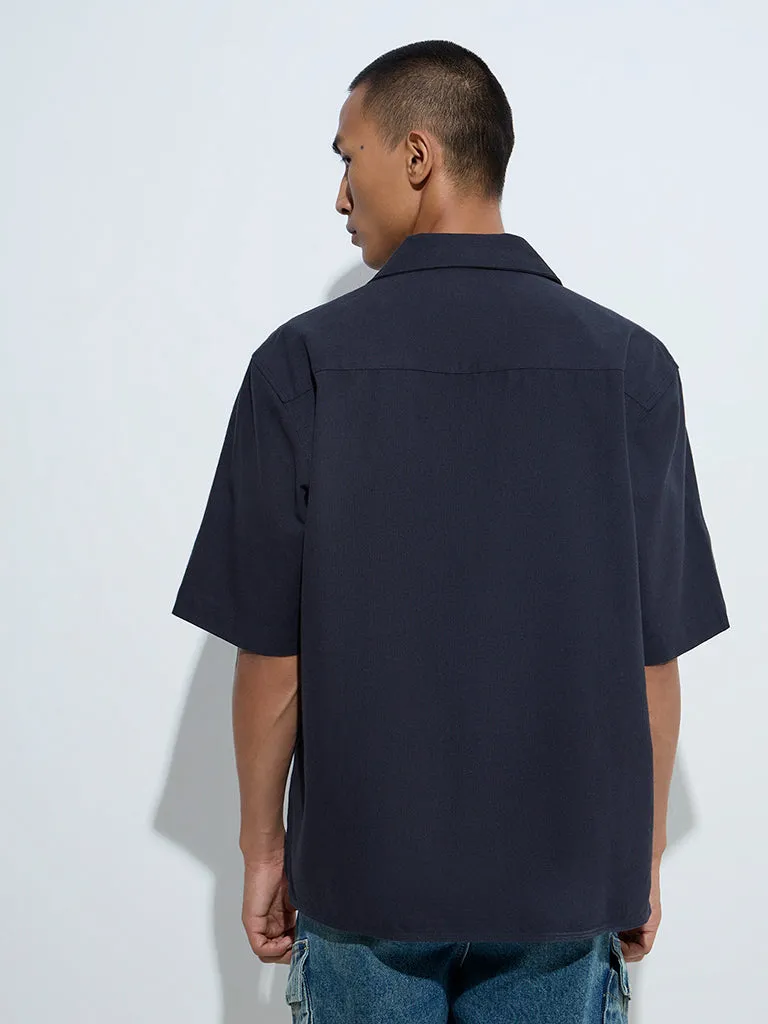 Nuon Navy Solid Relaxed-Fit Cotton Shirt