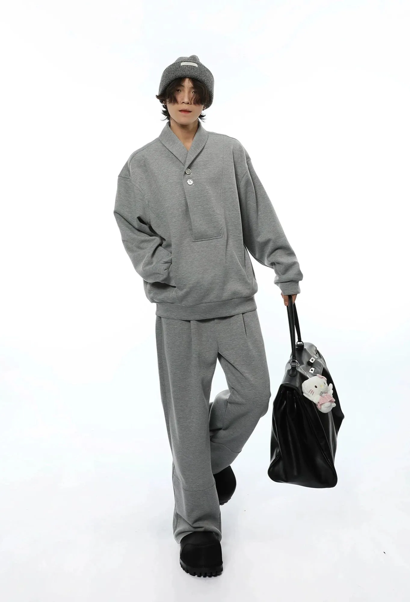 Oversized Collared V-Neck Sweatshirt and Joggers Set