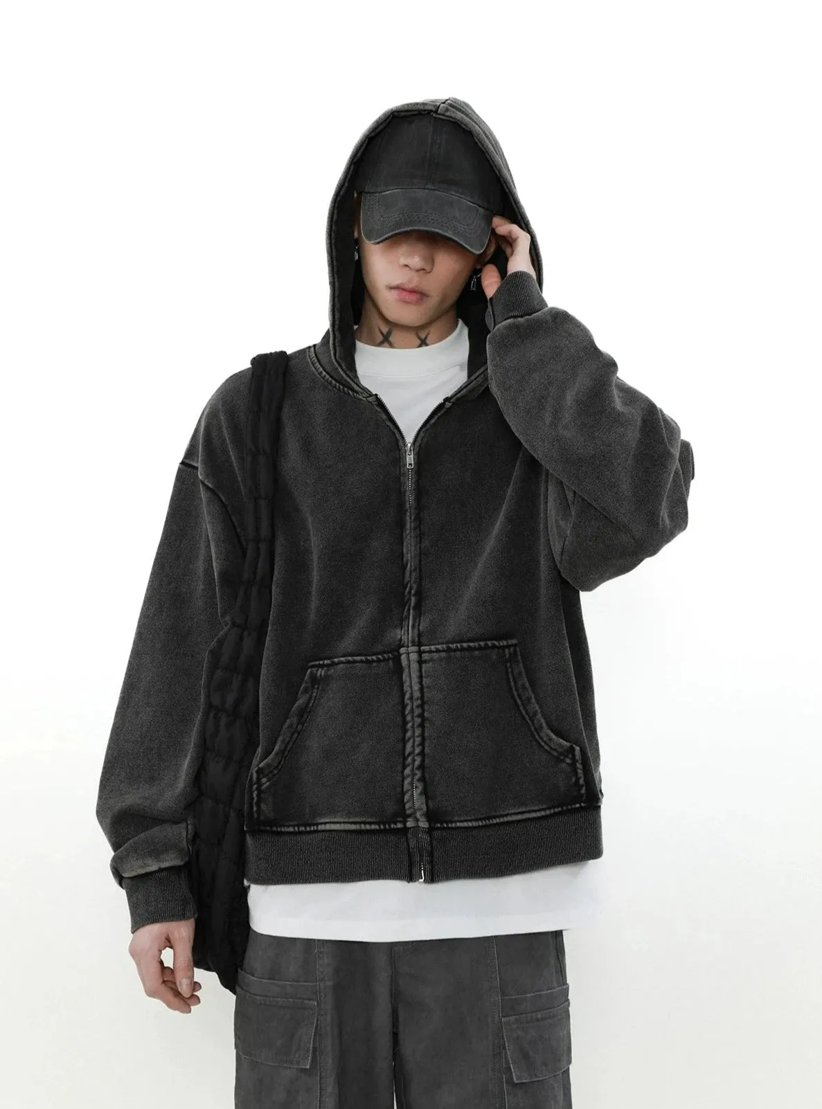 Oversized Faded Mid-Crop Boxy Zip-Up Hoodie