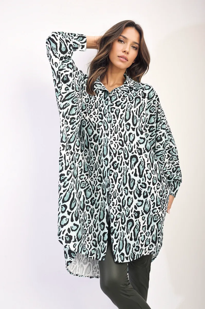 Oversized Long Sleeve Leopard Print Shirt Dress