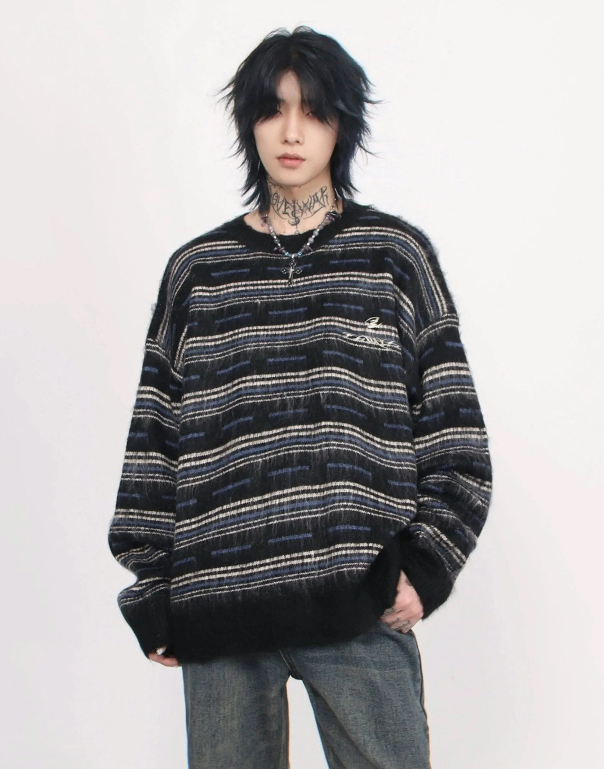 Oversized Multi-Striped Fuzzy Sweater