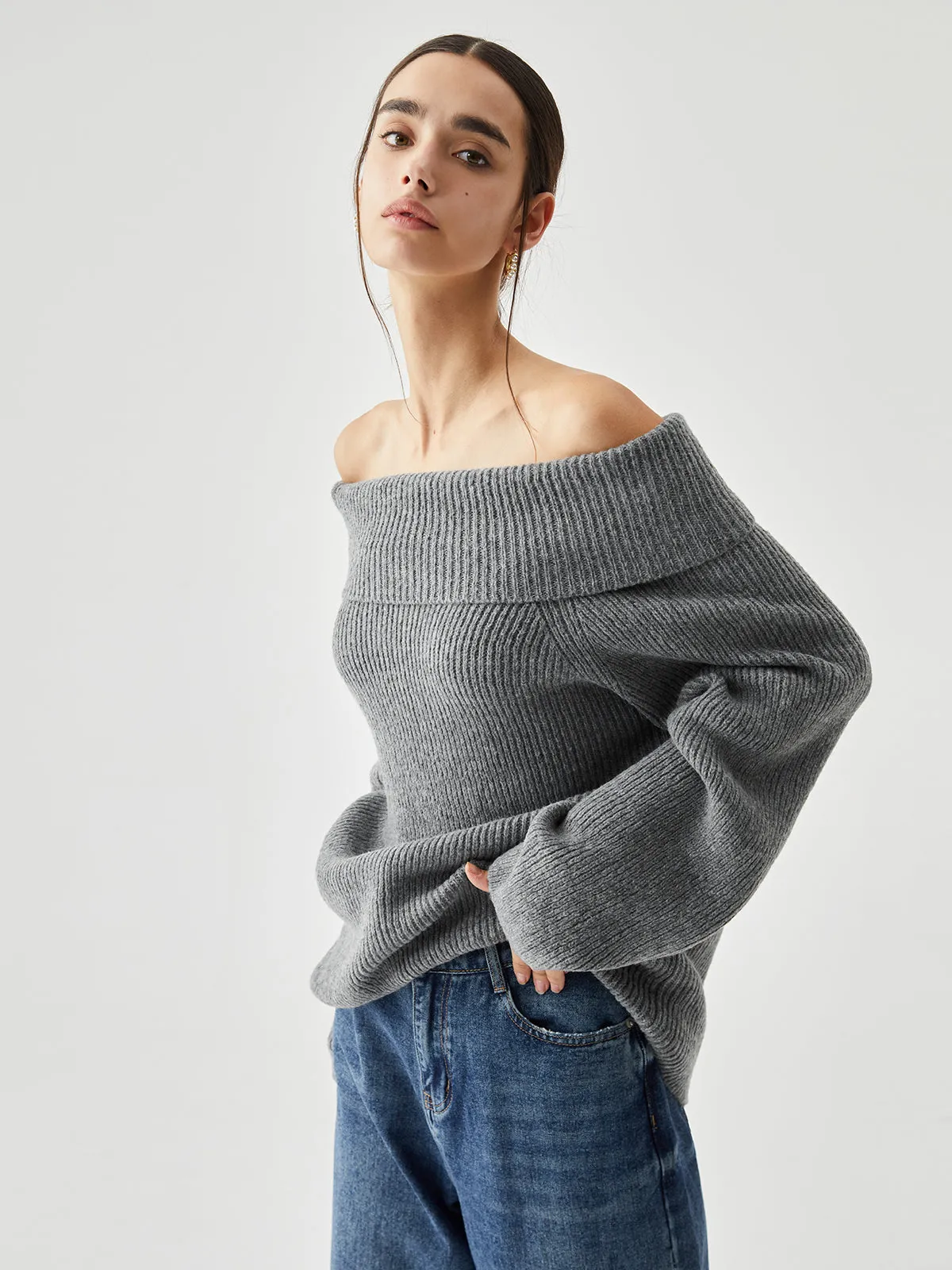 Oversized Overfold Off Trendy Shoulder Knit Sweater