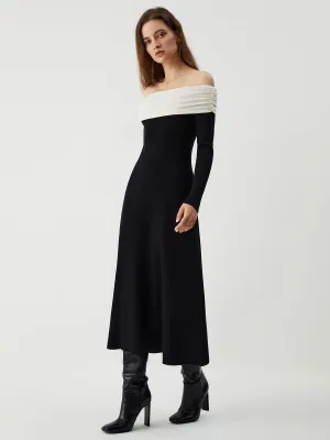 Patchwork Off Shoulder Long Modern Sleeve Long Sweater Dress