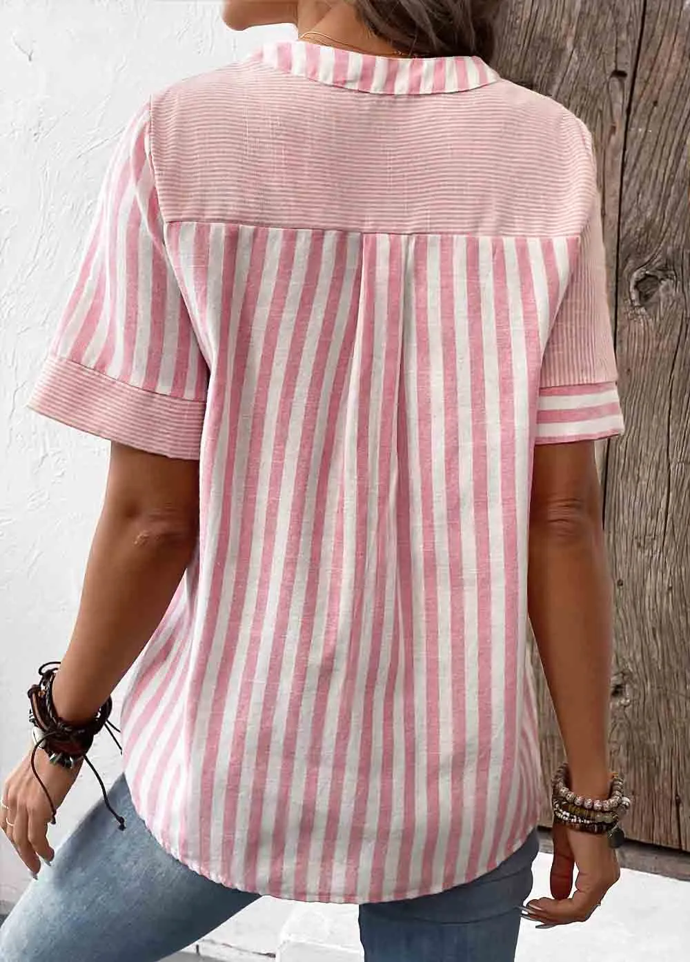 Patchwork Striped Short Sleeve Split Neck Blouse