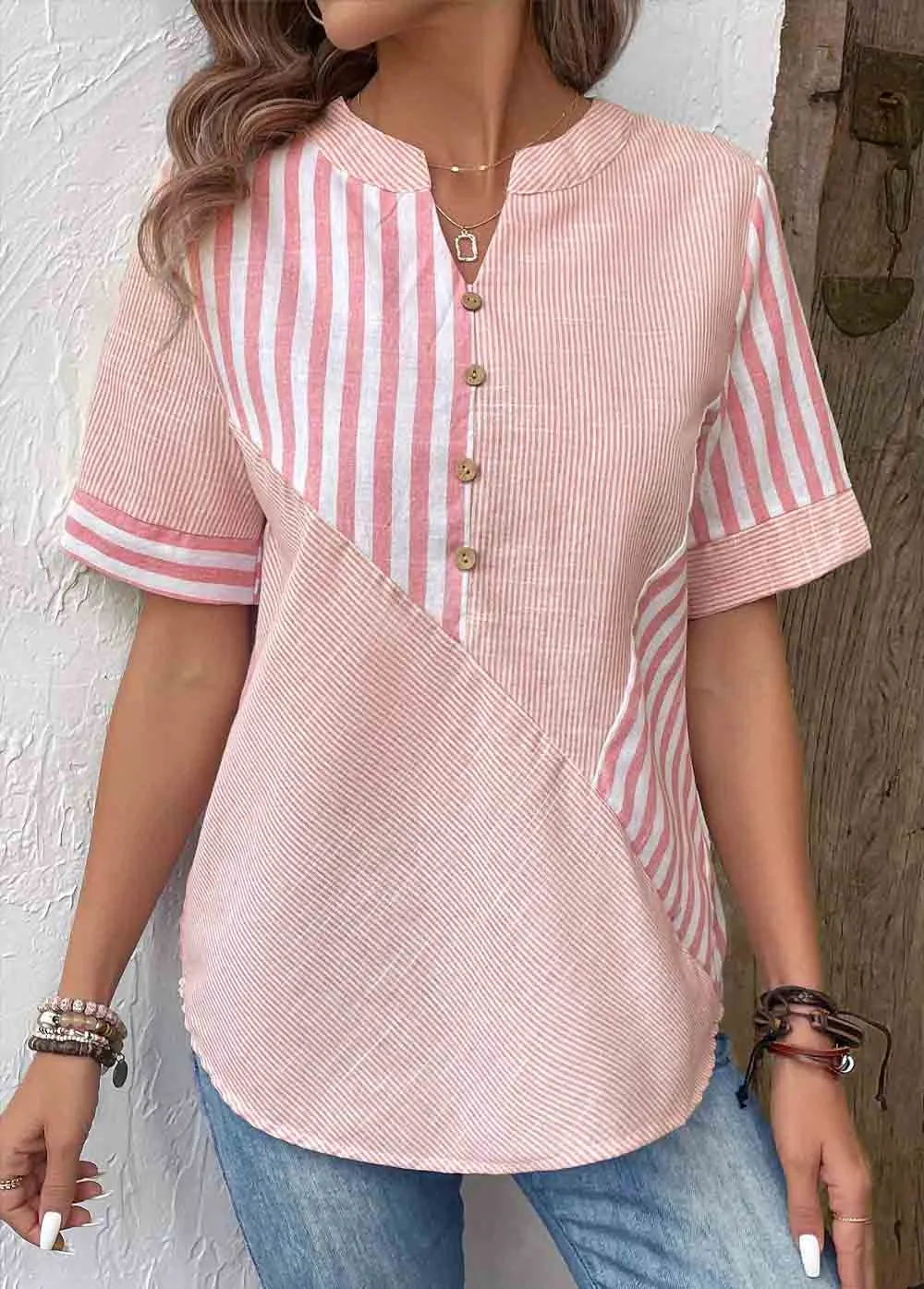 Patchwork Striped Short Sleeve Split Neck Blouse