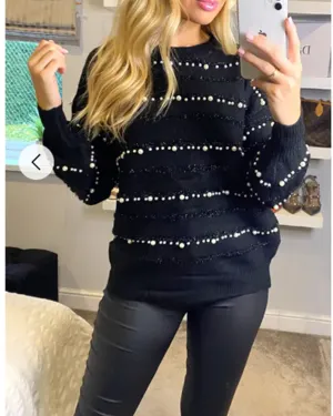 Pearl embellished soft knit jumper in black