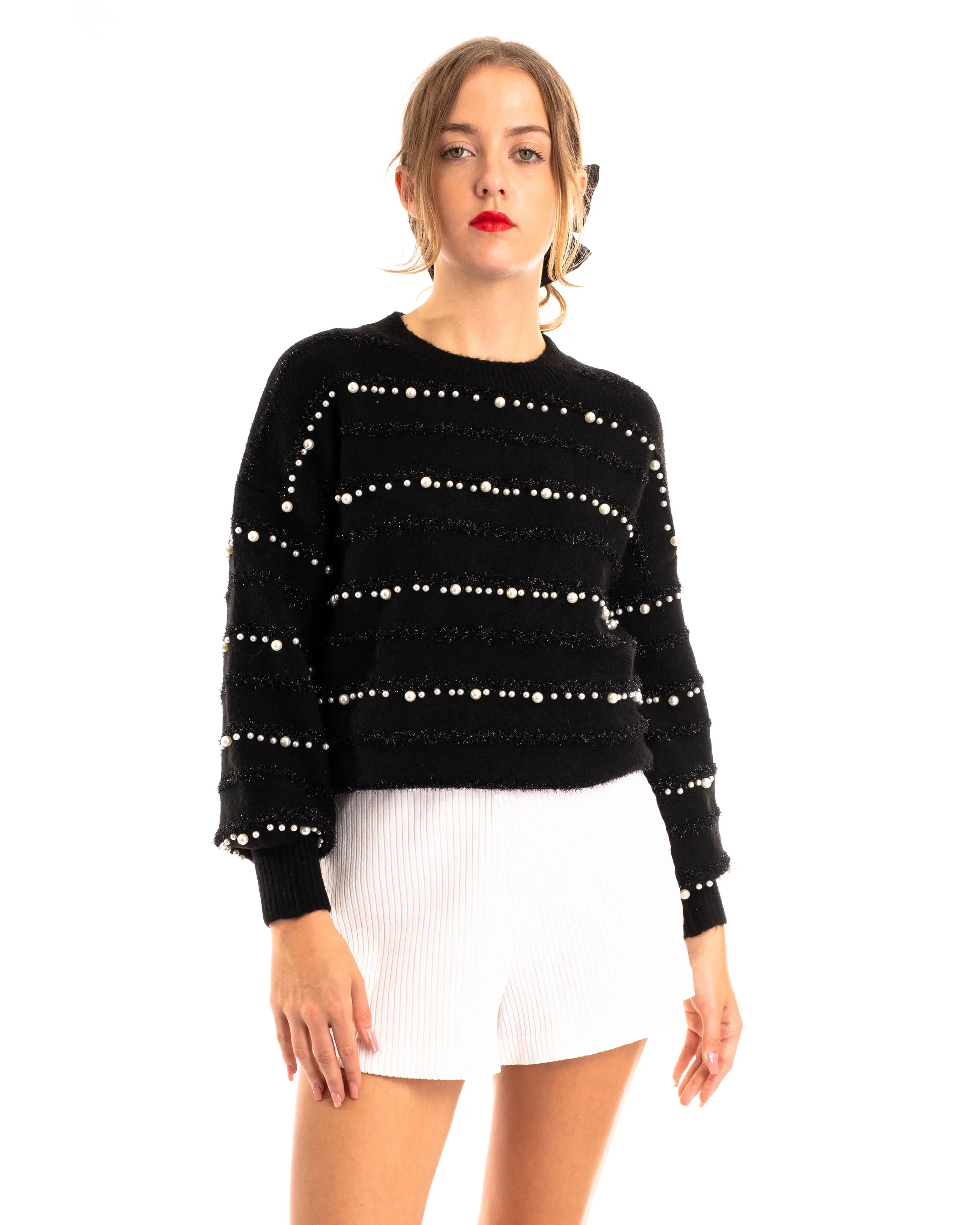 Pearl embellished soft knit jumper in black