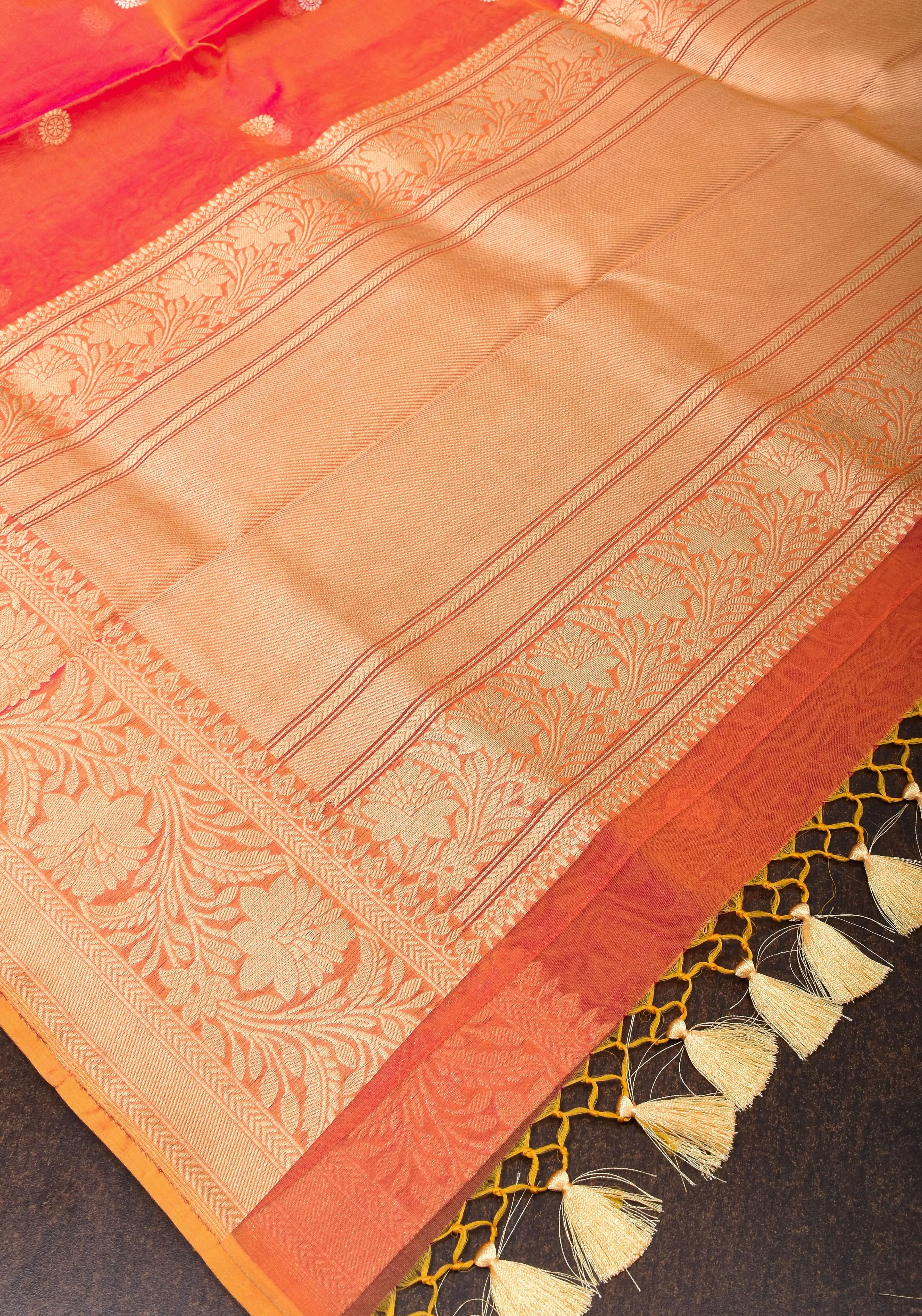 Pink Orange Pure Banarasi Kora Silk Organza Saree with Kadhuwa Weave and Sona RupaButtas  | SILK MARK CERTIFIED