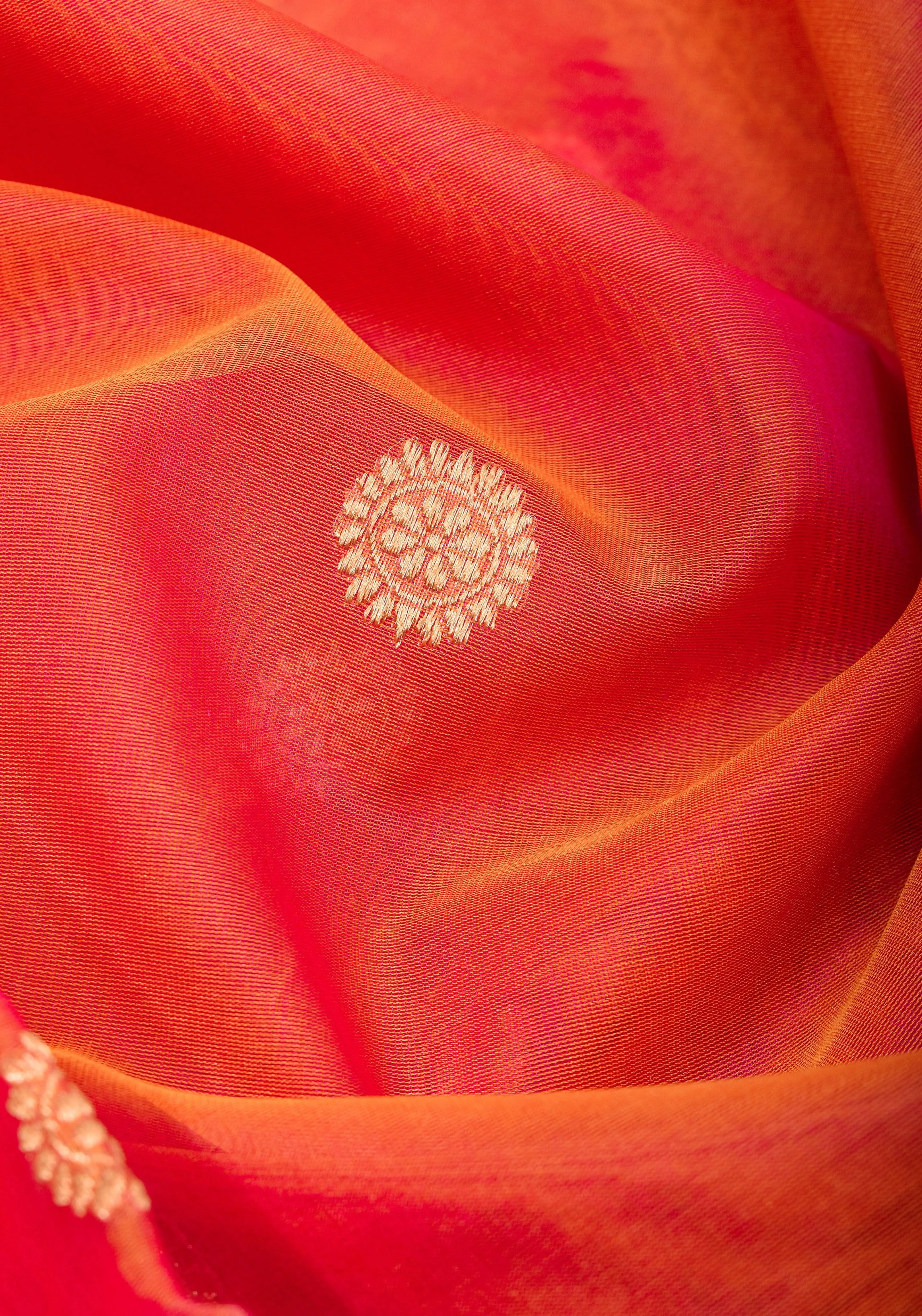 Pink Orange Pure Banarasi Kora Silk Organza Saree with Kadhuwa Weave and Sona RupaButtas  | SILK MARK CERTIFIED