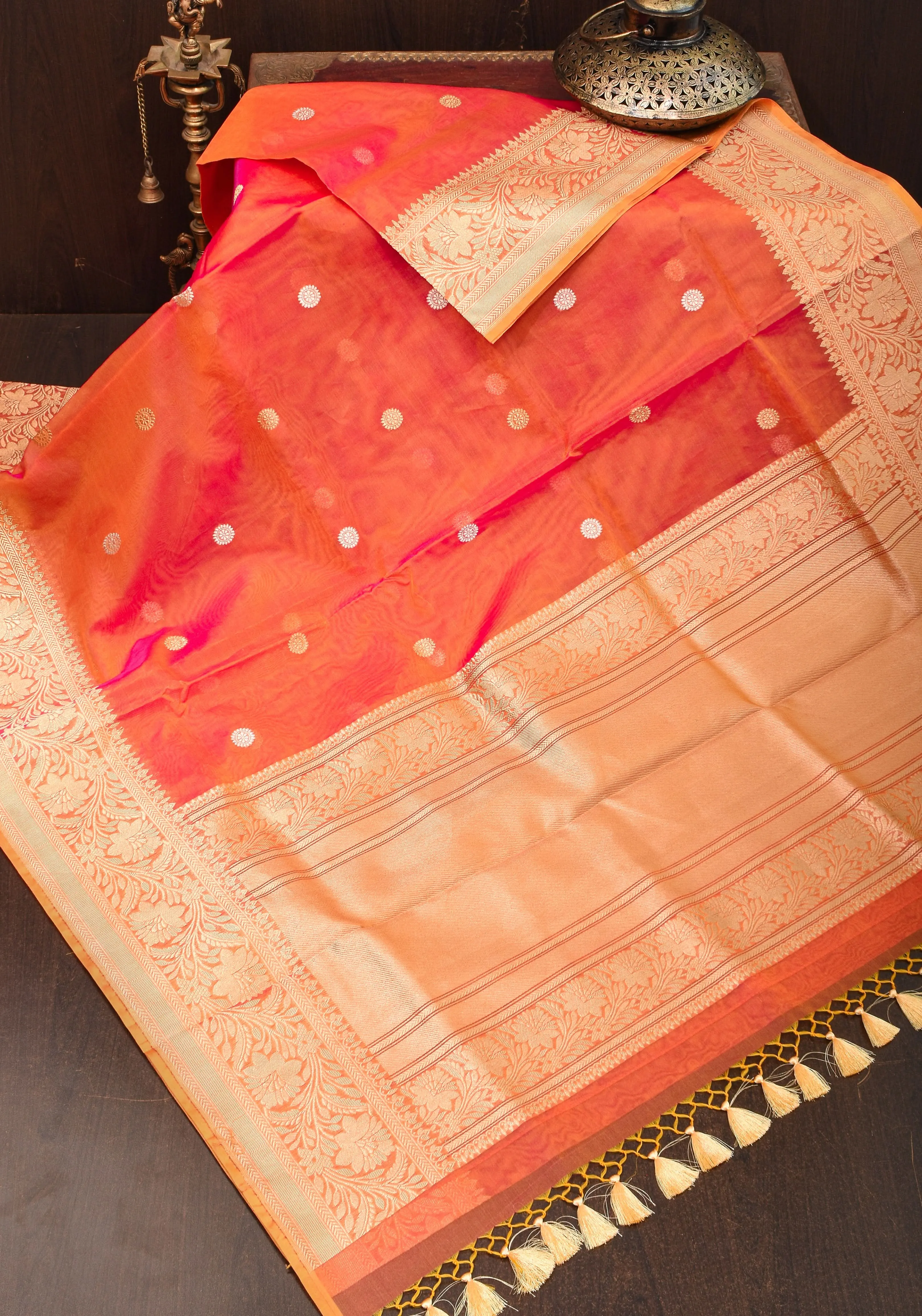 Pink Orange Pure Banarasi Kora Silk Organza Saree with Kadhuwa Weave and Sona RupaButtas  | SILK MARK CERTIFIED