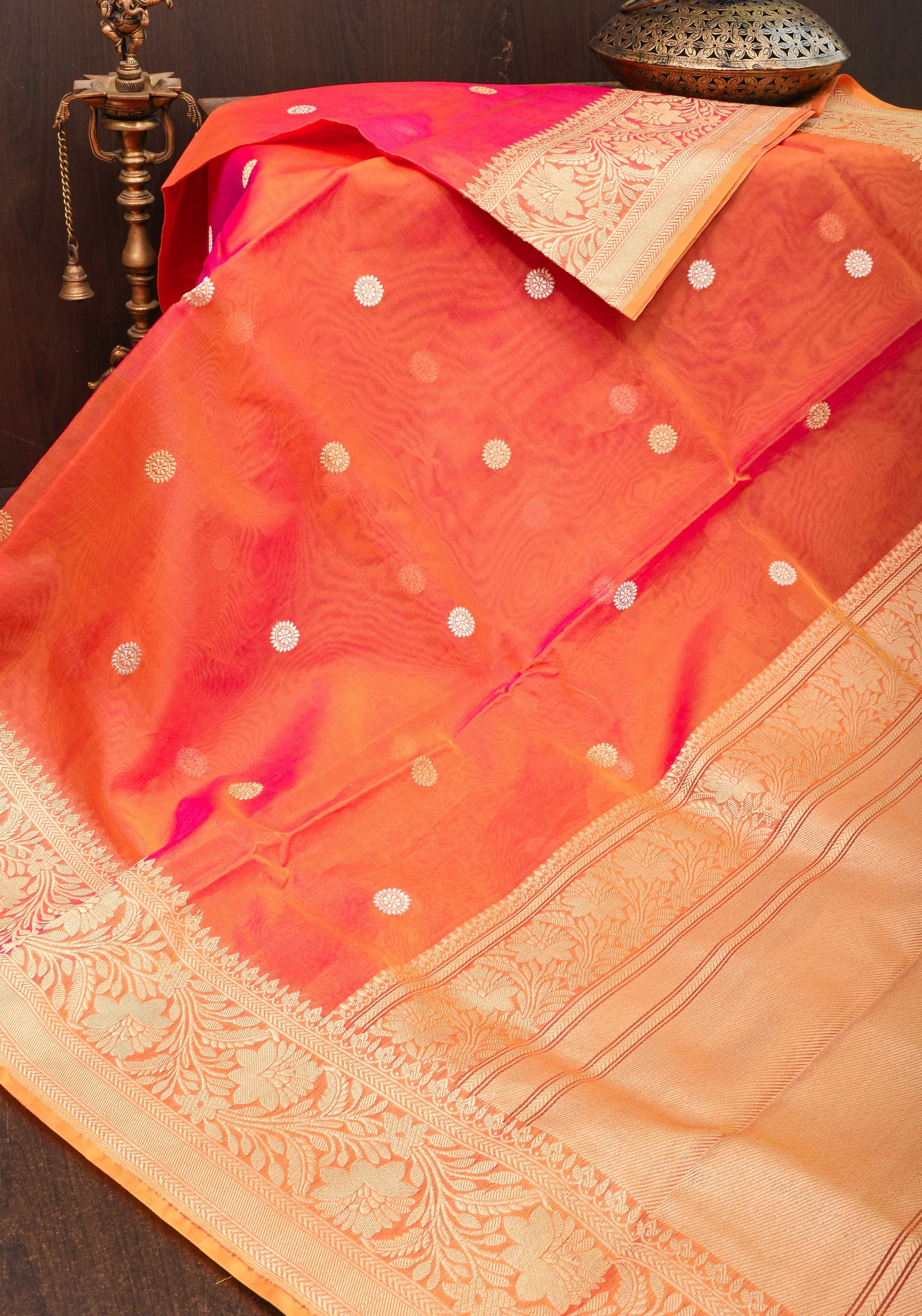 Pink Orange Pure Banarasi Kora Silk Organza Saree with Kadhuwa Weave and Sona RupaButtas  | SILK MARK CERTIFIED