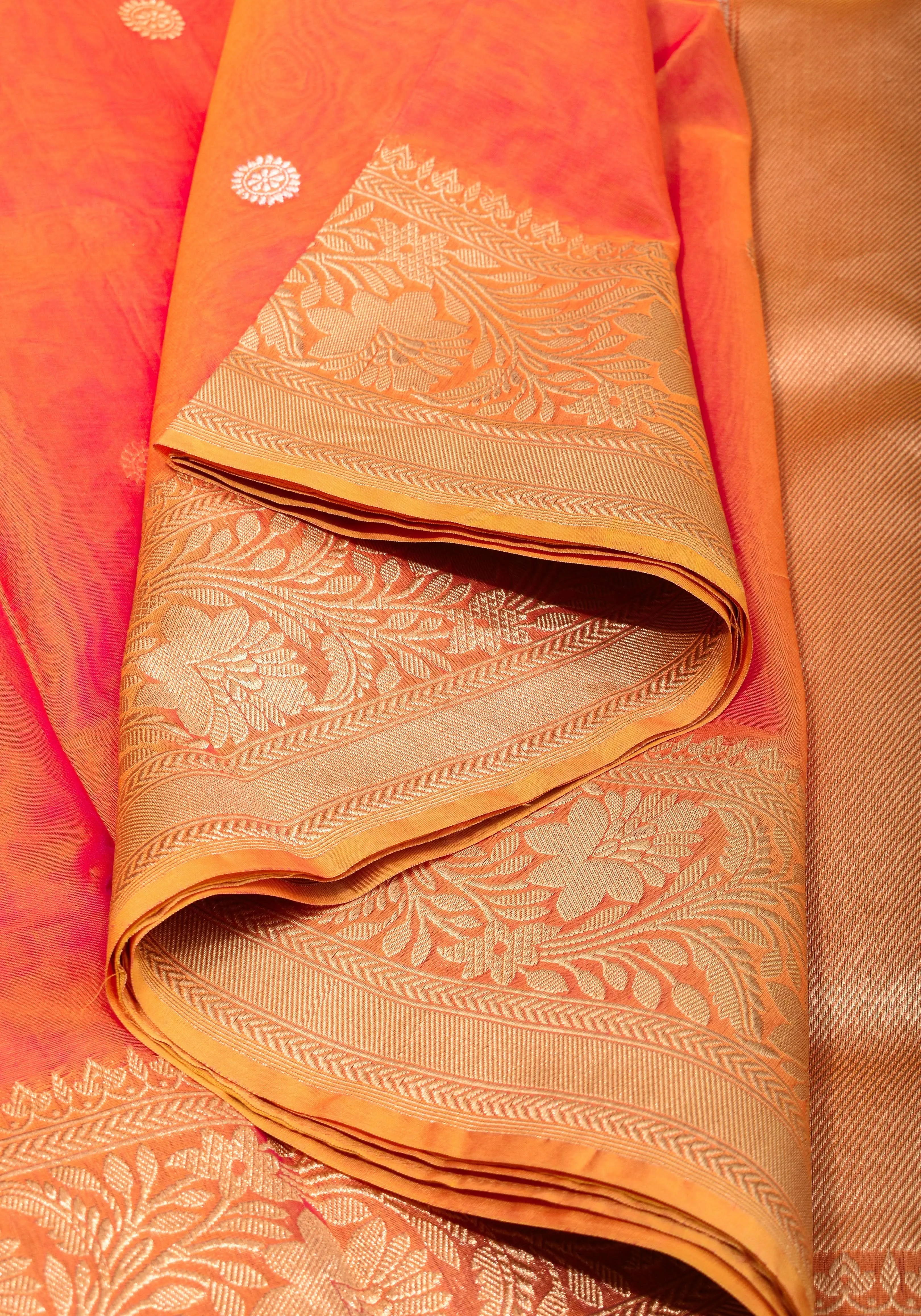 Pink Orange Pure Banarasi Kora Silk Organza Saree with Kadhuwa Weave and Sona RupaButtas  | SILK MARK CERTIFIED