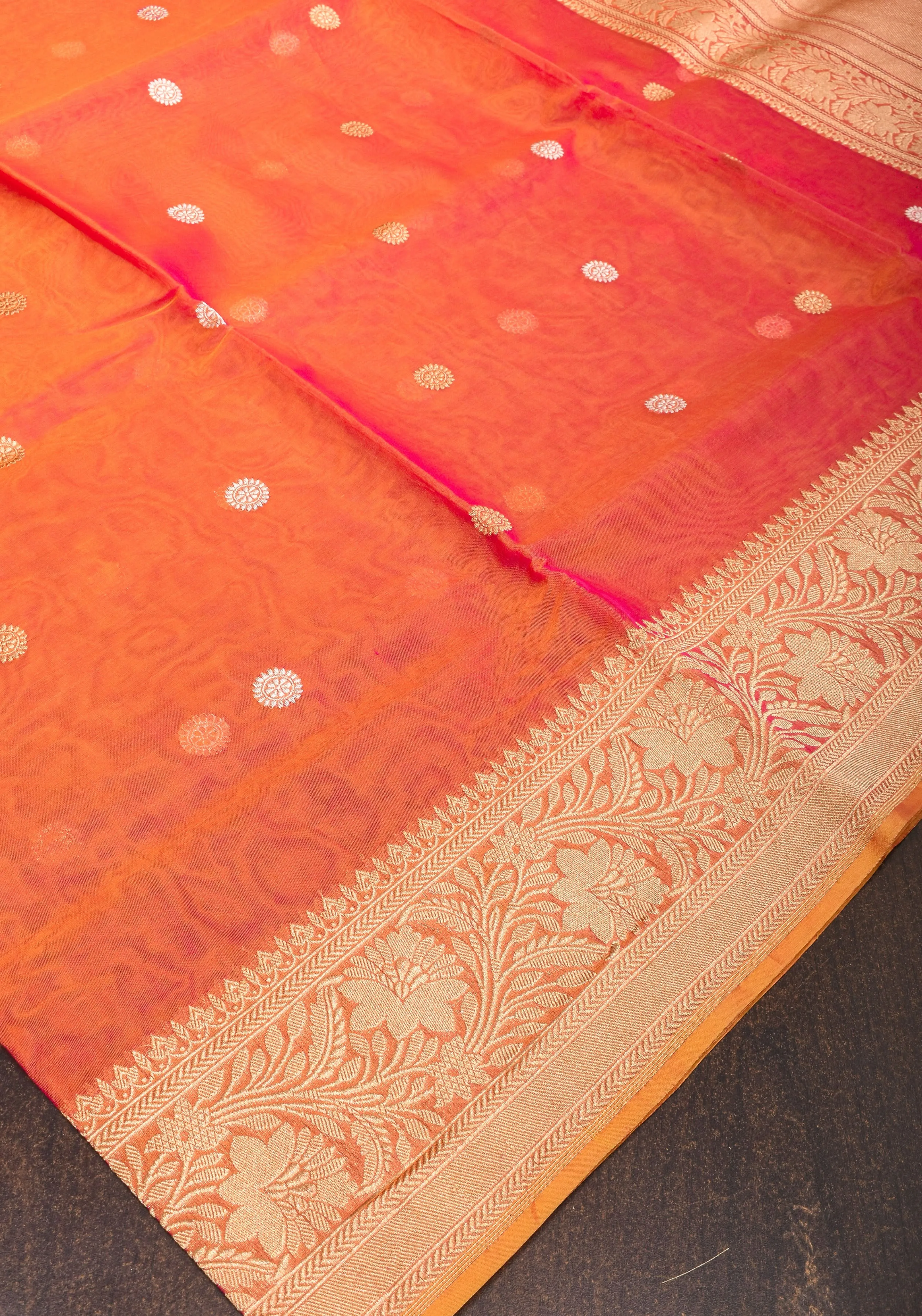 Pink Orange Pure Banarasi Kora Silk Organza Saree with Kadhuwa Weave and Sona RupaButtas  | SILK MARK CERTIFIED