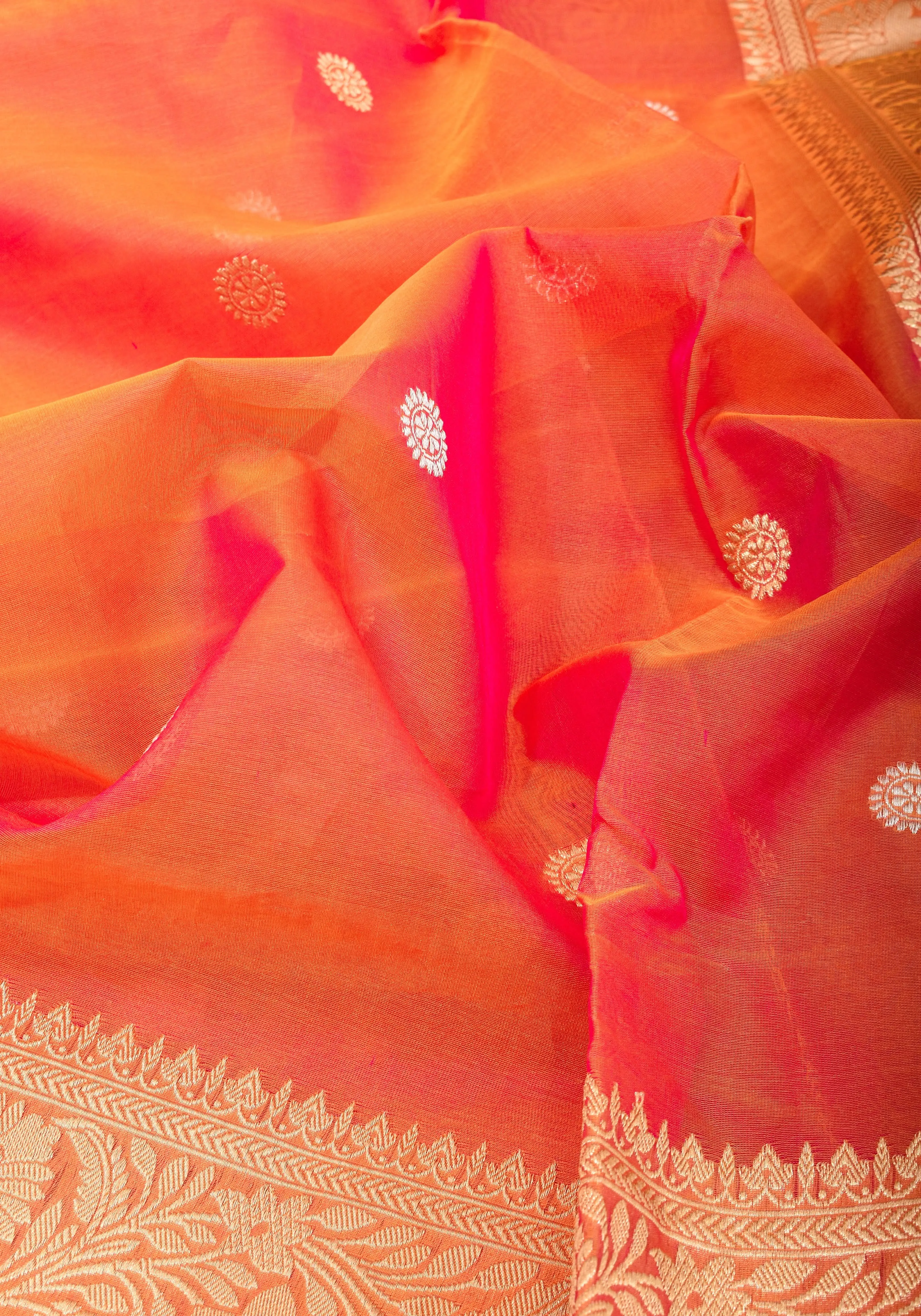 Pink Orange Pure Banarasi Kora Silk Organza Saree with Kadhuwa Weave and Sona RupaButtas  | SILK MARK CERTIFIED