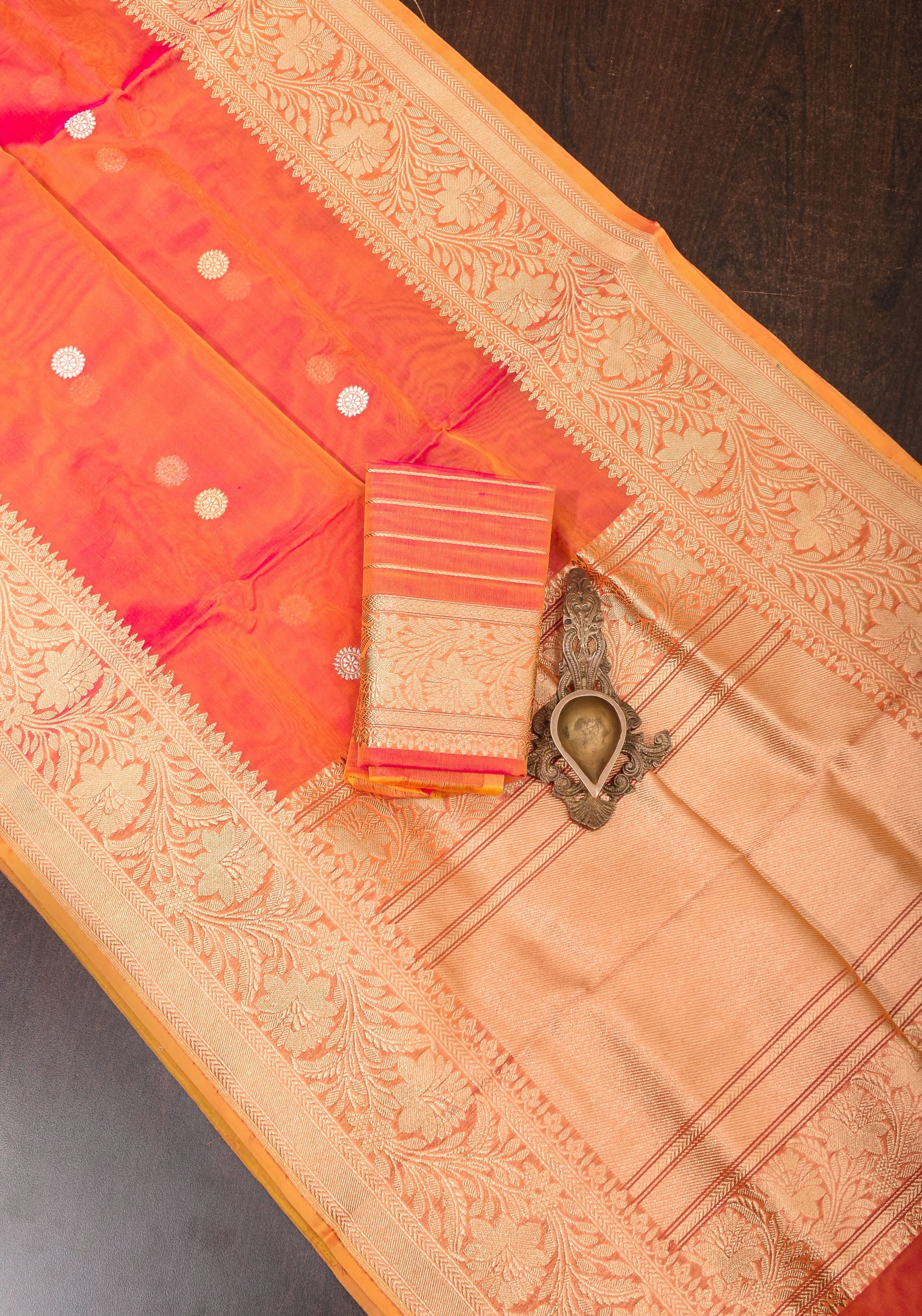 Pink Orange Pure Banarasi Kora Silk Organza Saree with Kadhuwa Weave and Sona RupaButtas  | SILK MARK CERTIFIED