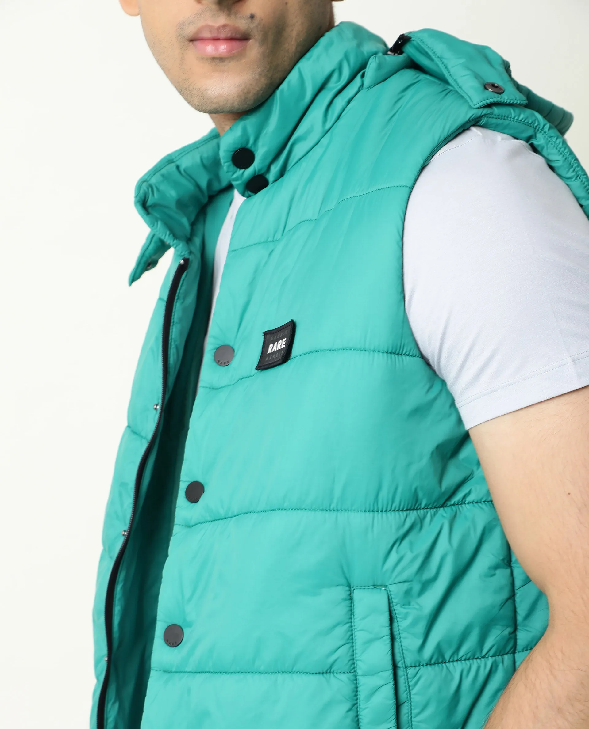 Rare Rabbit Men's Depot Green Plain Sleeveless Detachable Hood Puffer Jacket