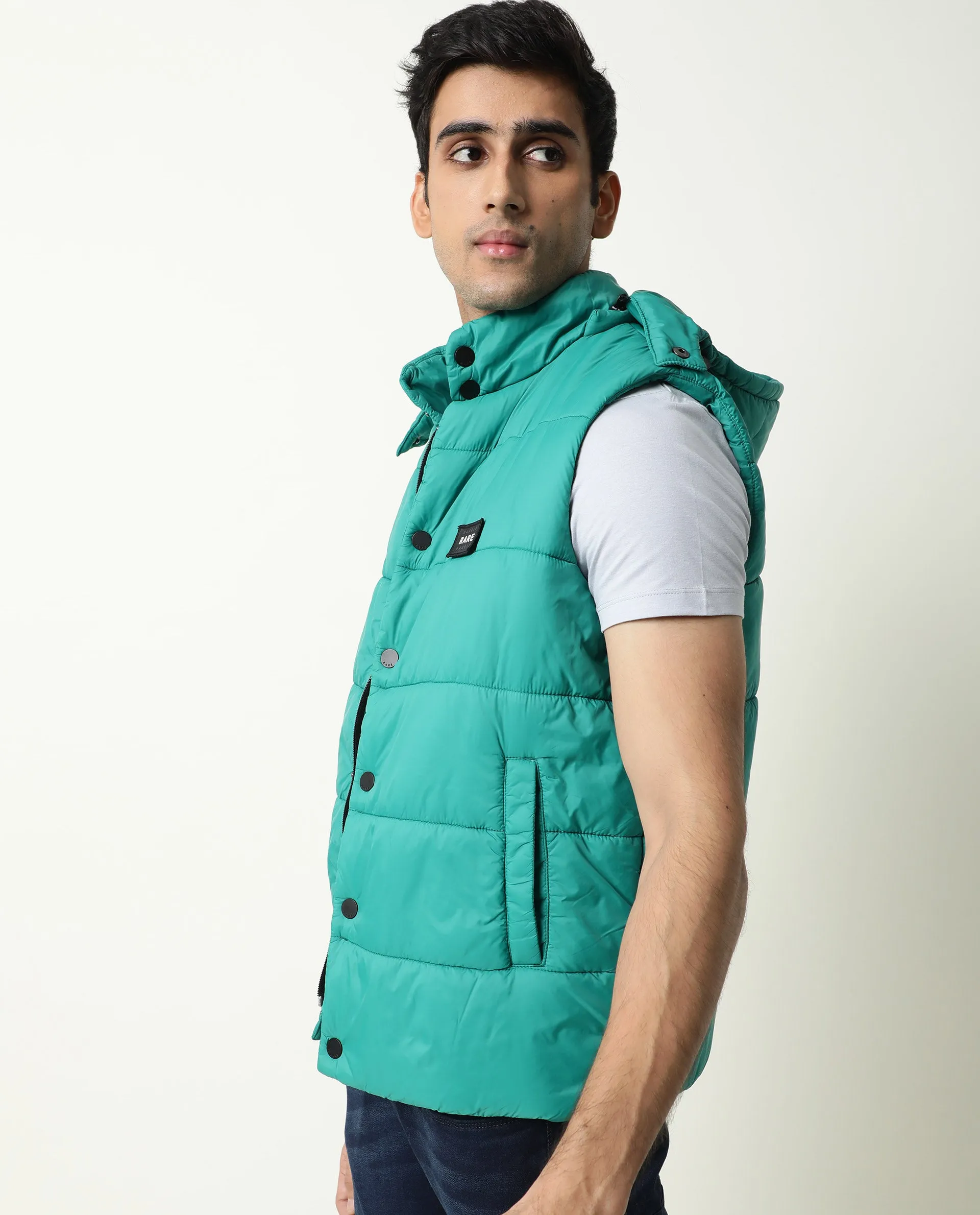 Rare Rabbit Men's Depot Green Plain Sleeveless Detachable Hood Puffer Jacket